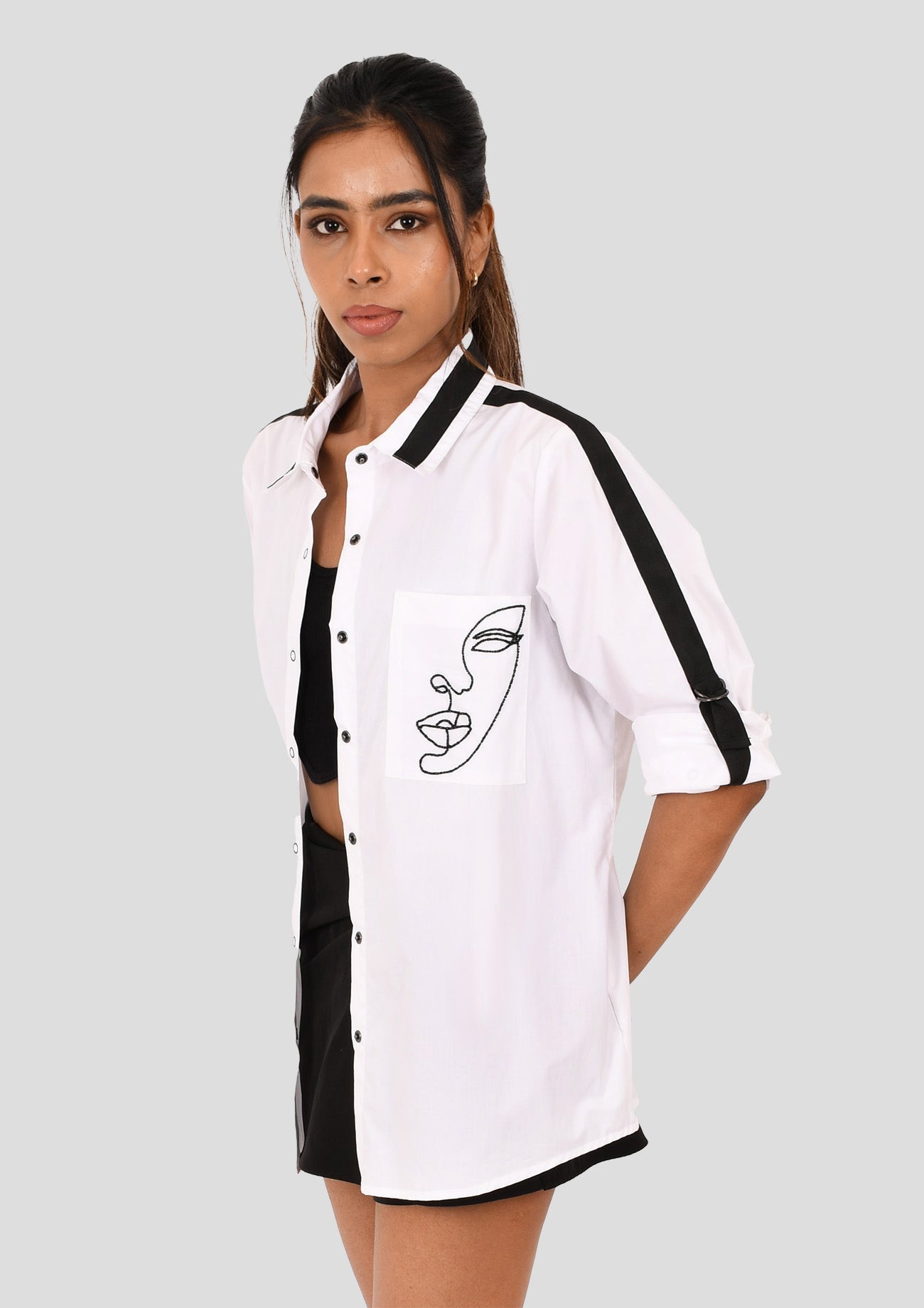 White Comfort Fit Cotton Shirt with Embroidered Pockets