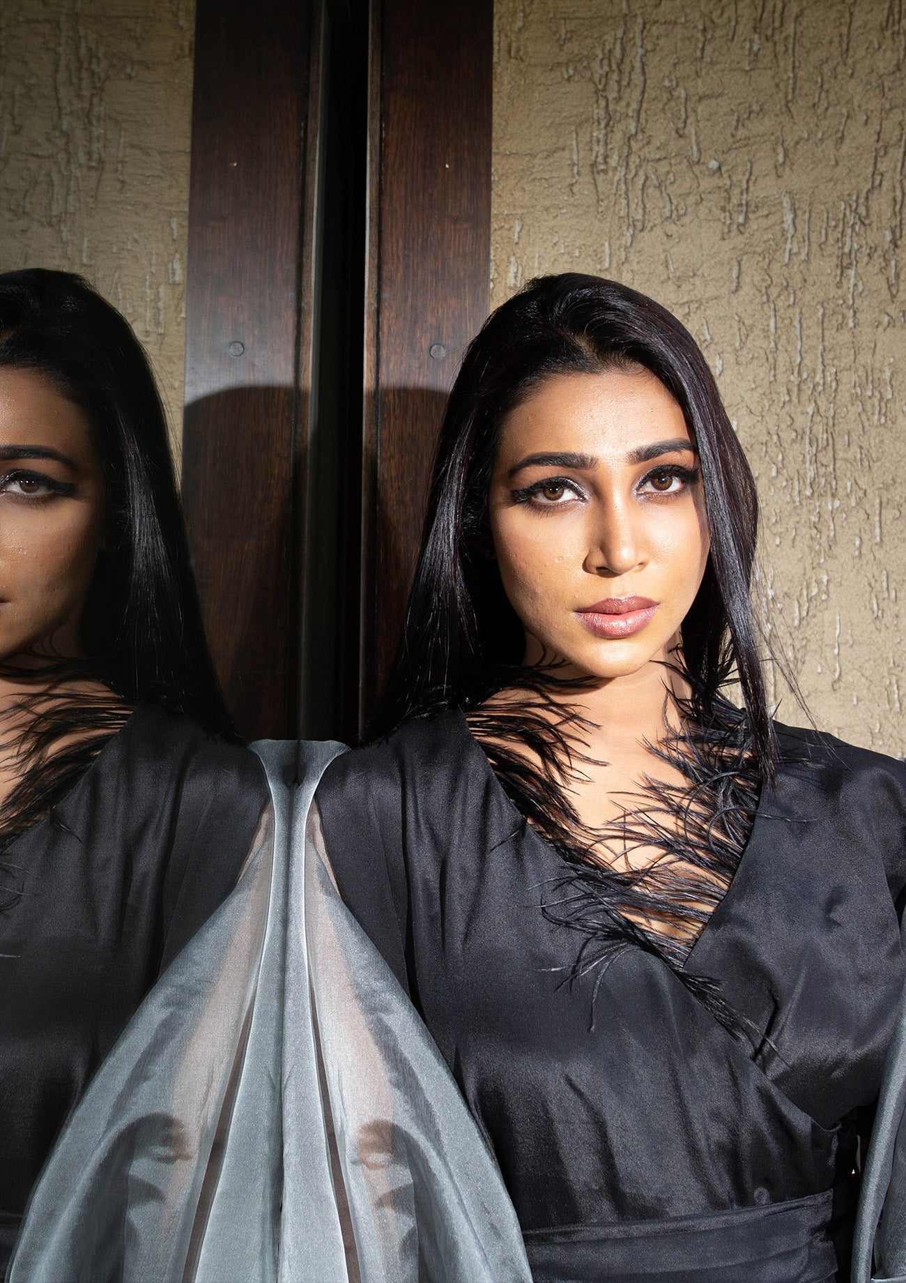 Black Crepe Overlap Top with Organza Balloon Sleeves