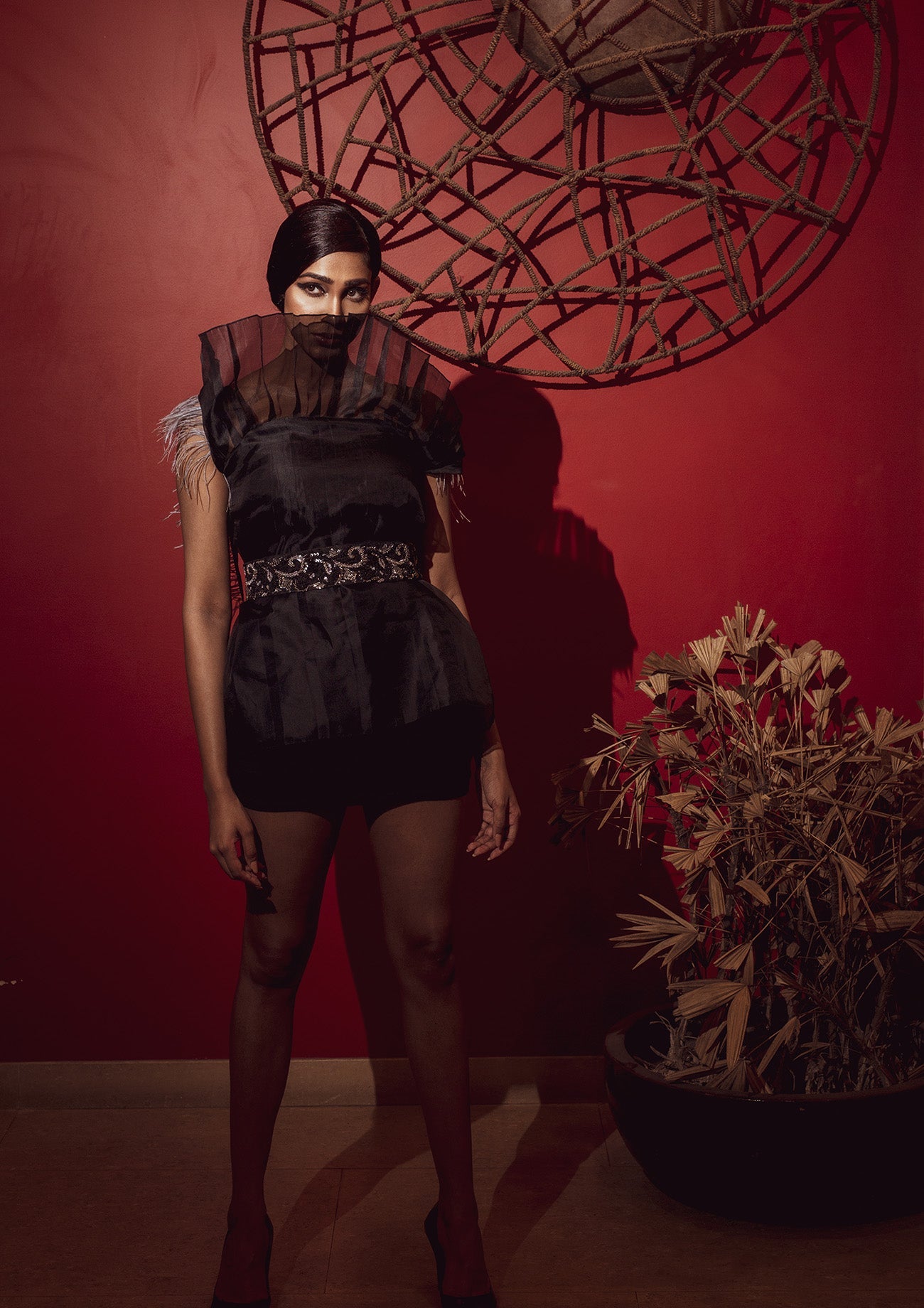 Black Organza Strapless Top with Embroidered Belt