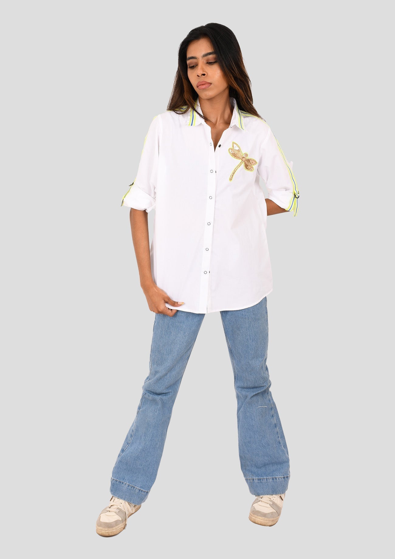 White Comfort Fit Cotton Shirt with Dragonfly Embroidery
