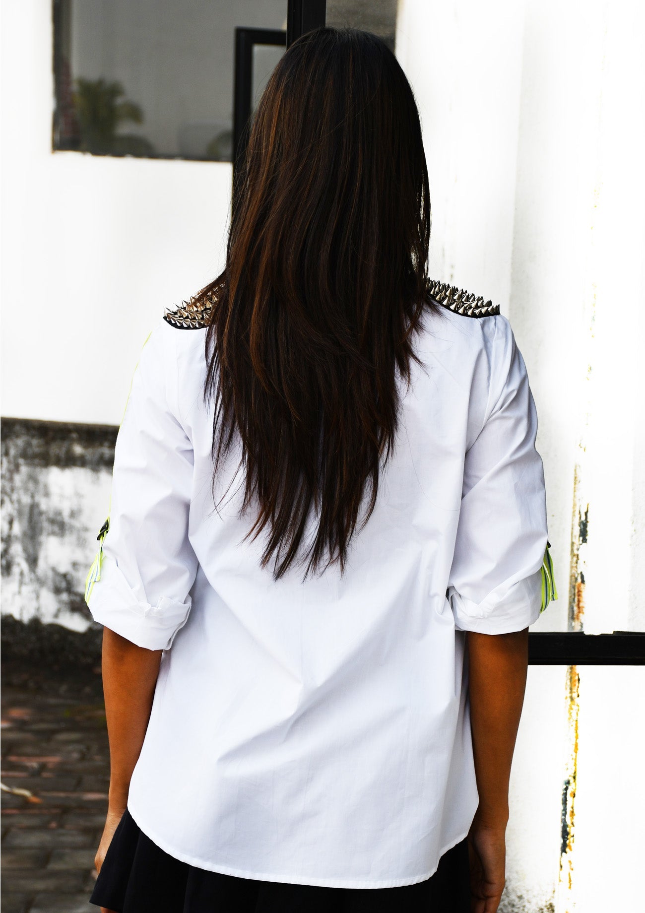 White Comfort Fit Cotton Shirt with Spike Embellishment