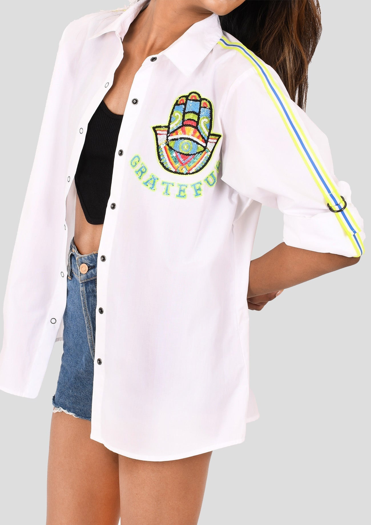 White Comfort Fit Cotton Shirt with Hamsa Hand Embroidery