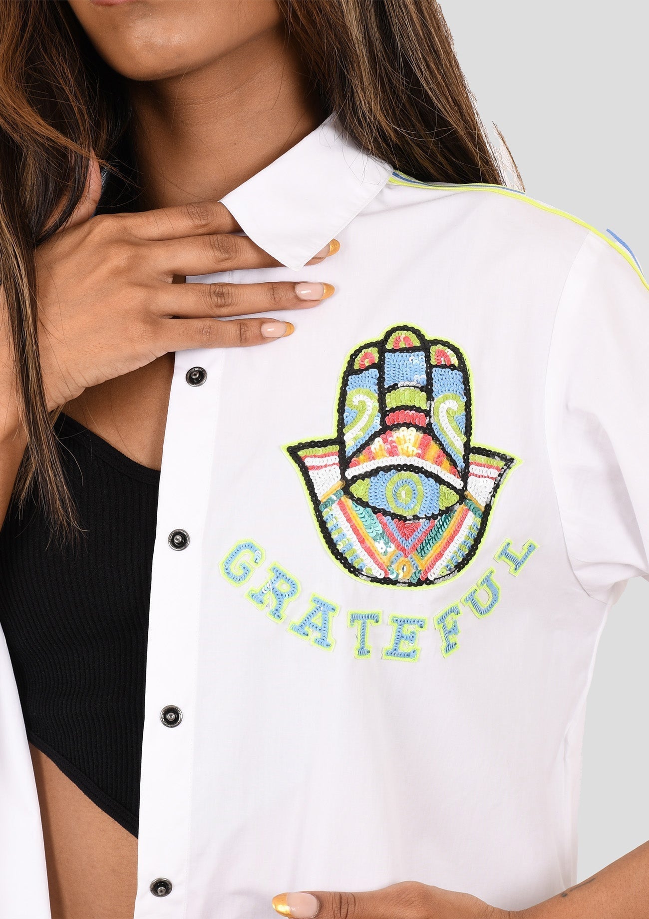 White Comfort Fit Cotton Shirt with Hamsa Hand Embroidery