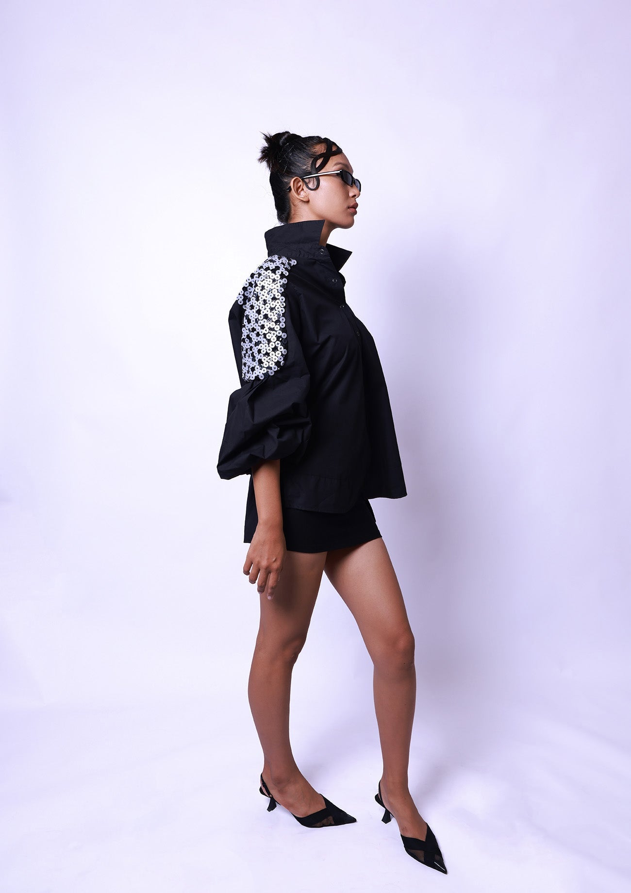 Black Comfort Fit Cotton Shirt with Balloon Sleeves