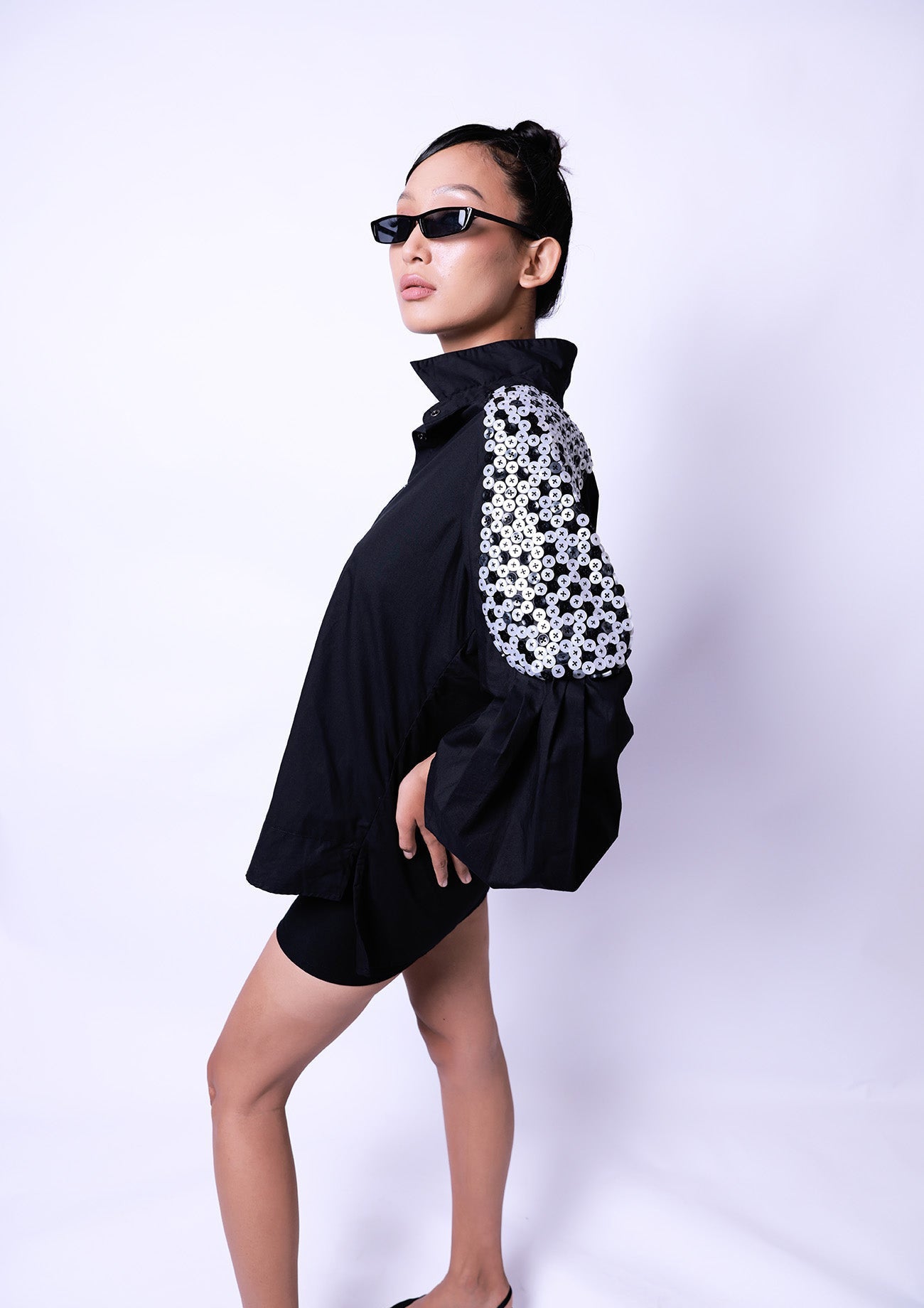 Black Comfort Fit Cotton Shirt with Balloon Sleeves