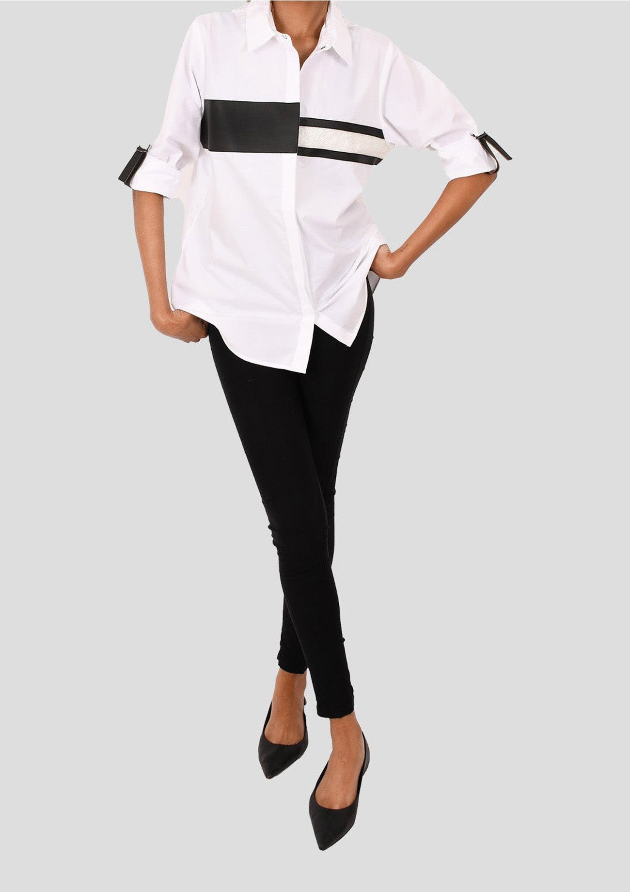 White Comfort Fit Cotton Shirt with Faux Leather