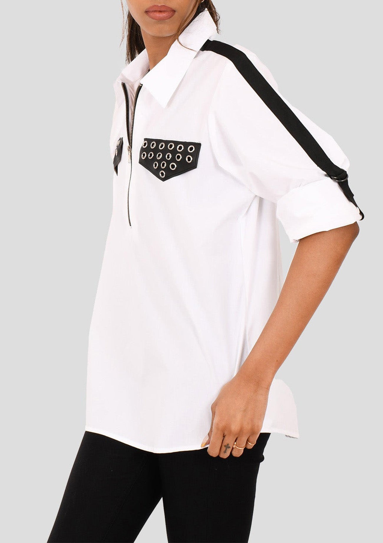 White Comfort Fit Cotton Shirt with Eyelet Pockets