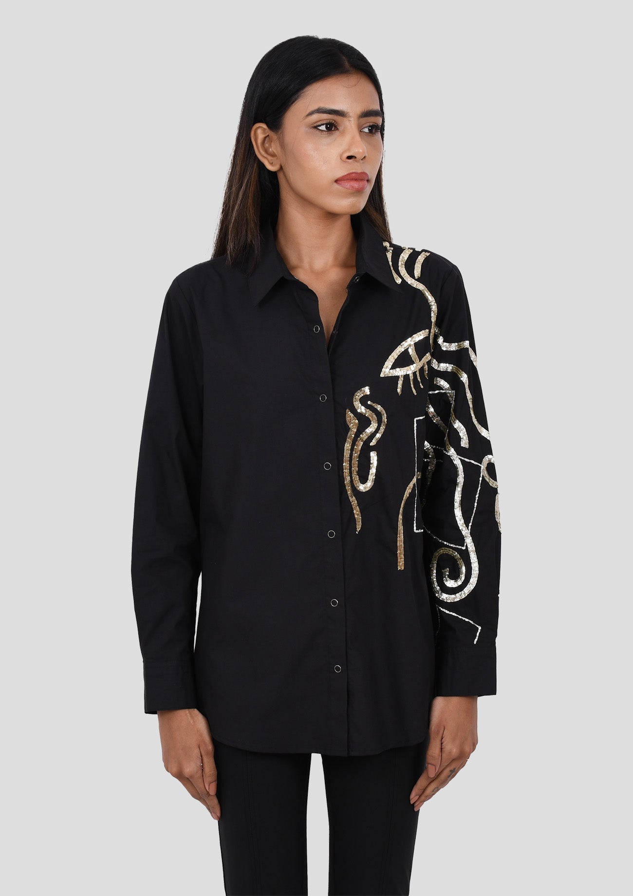 Black Comfort Fit Cotton Shirt with Abstract Embroidery