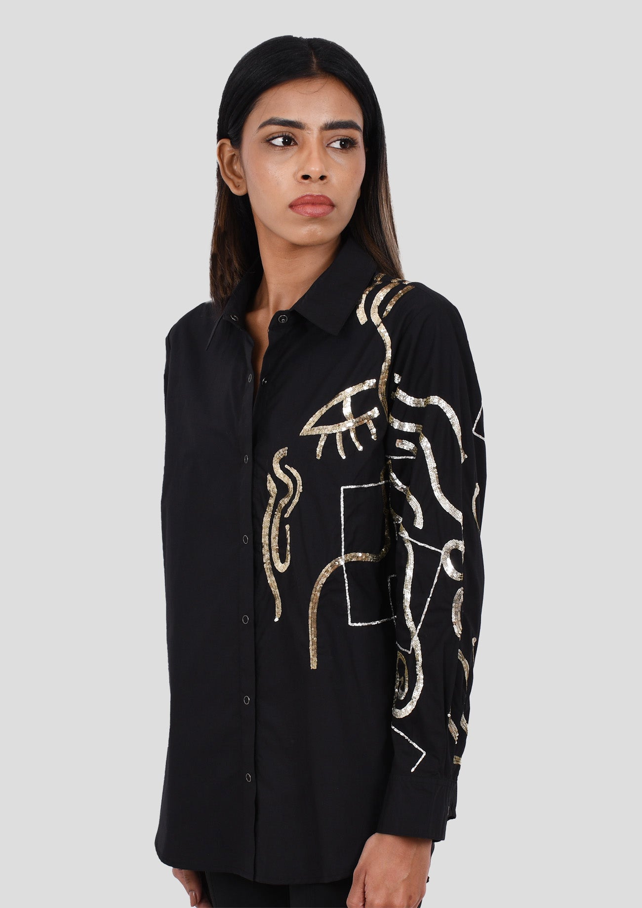 Black Comfort Fit Cotton Shirt with Abstract Embroidery