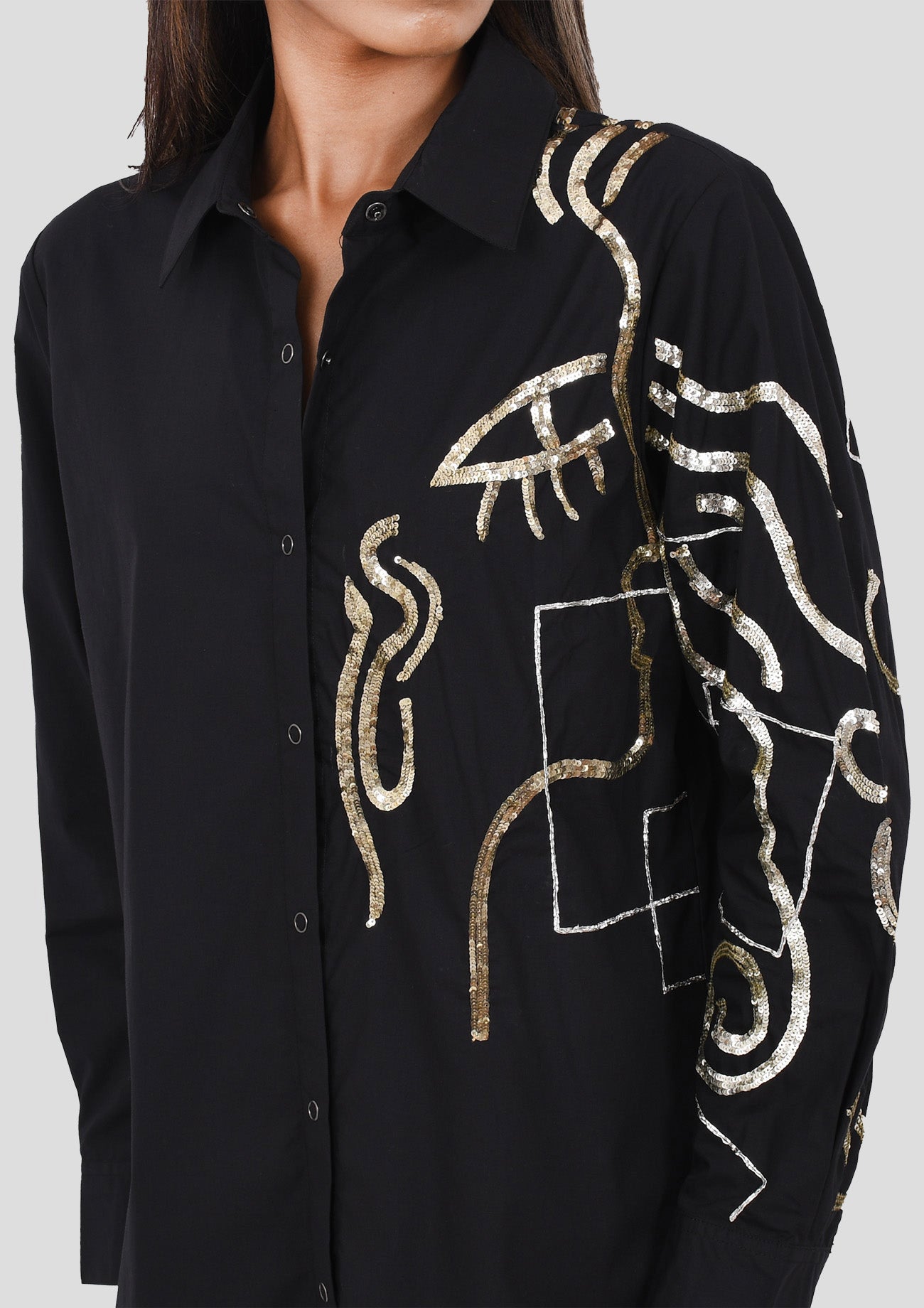 Black Comfort Fit Cotton Shirt with Abstract Embroidery