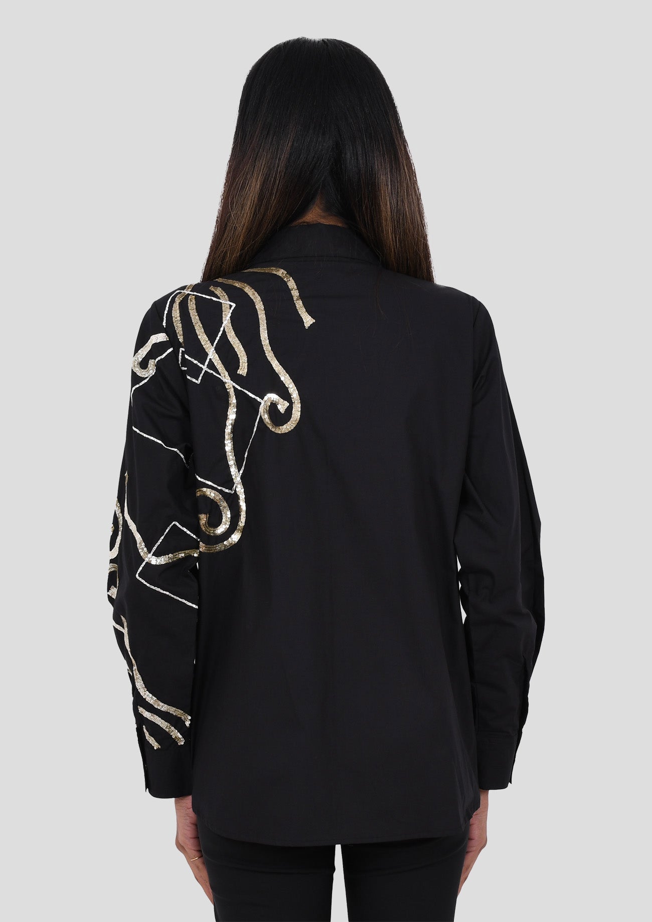 Black Comfort Fit Cotton Shirt with Abstract Embroidery