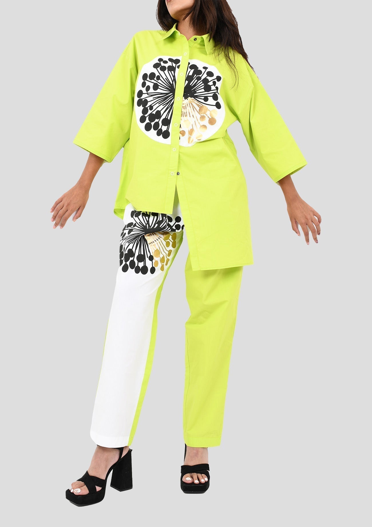 Neon Green Cotton Co-ord Set with Oversized Shirt and Straight Pants