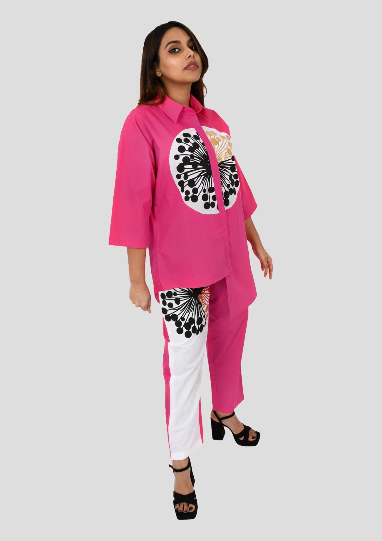 Hot Pink & White Cotton Co-ord Set with Oversized Shirt