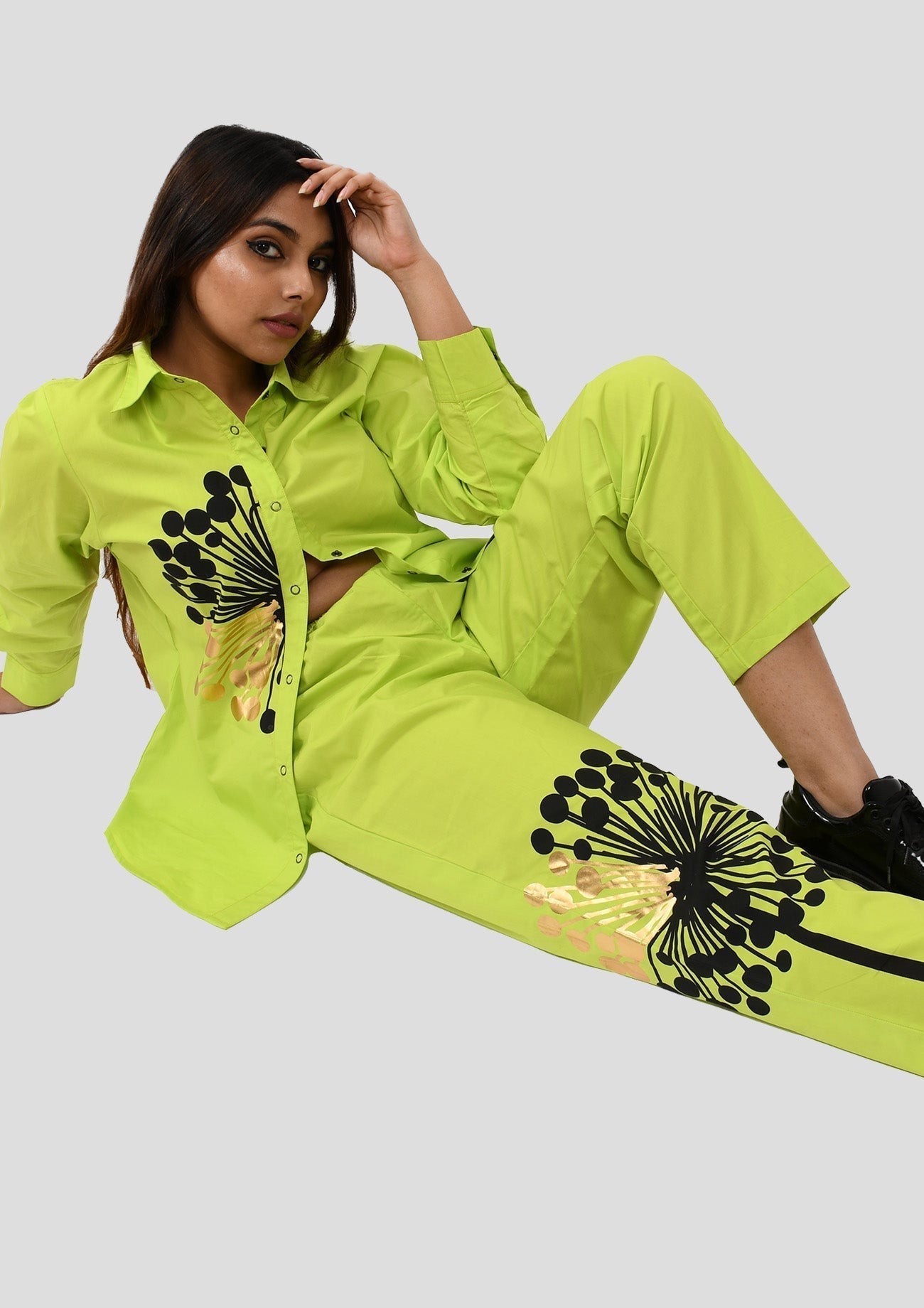Neon Green Comfort Fit Cotton Shirt with Print