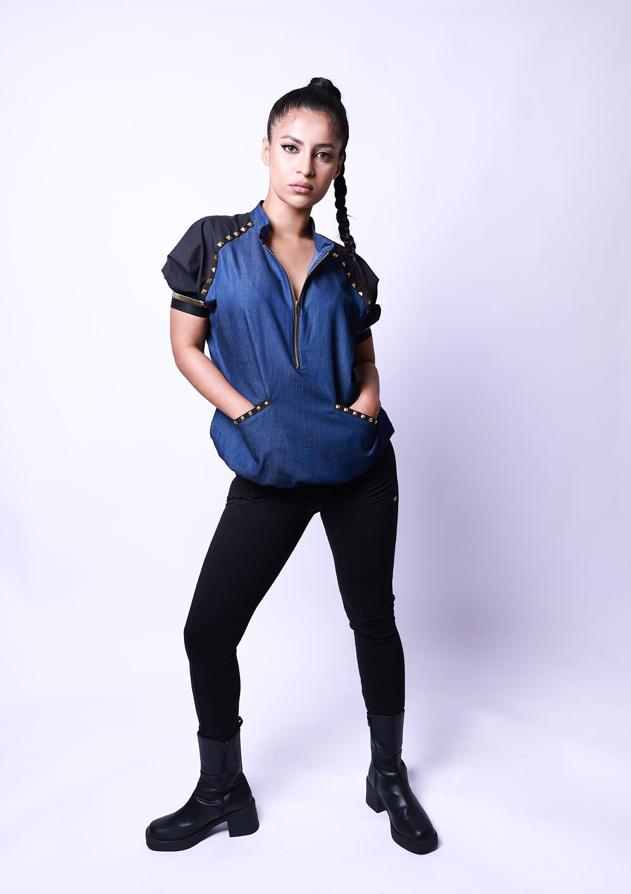 Blue Denim Bomber Jacket with Pockets