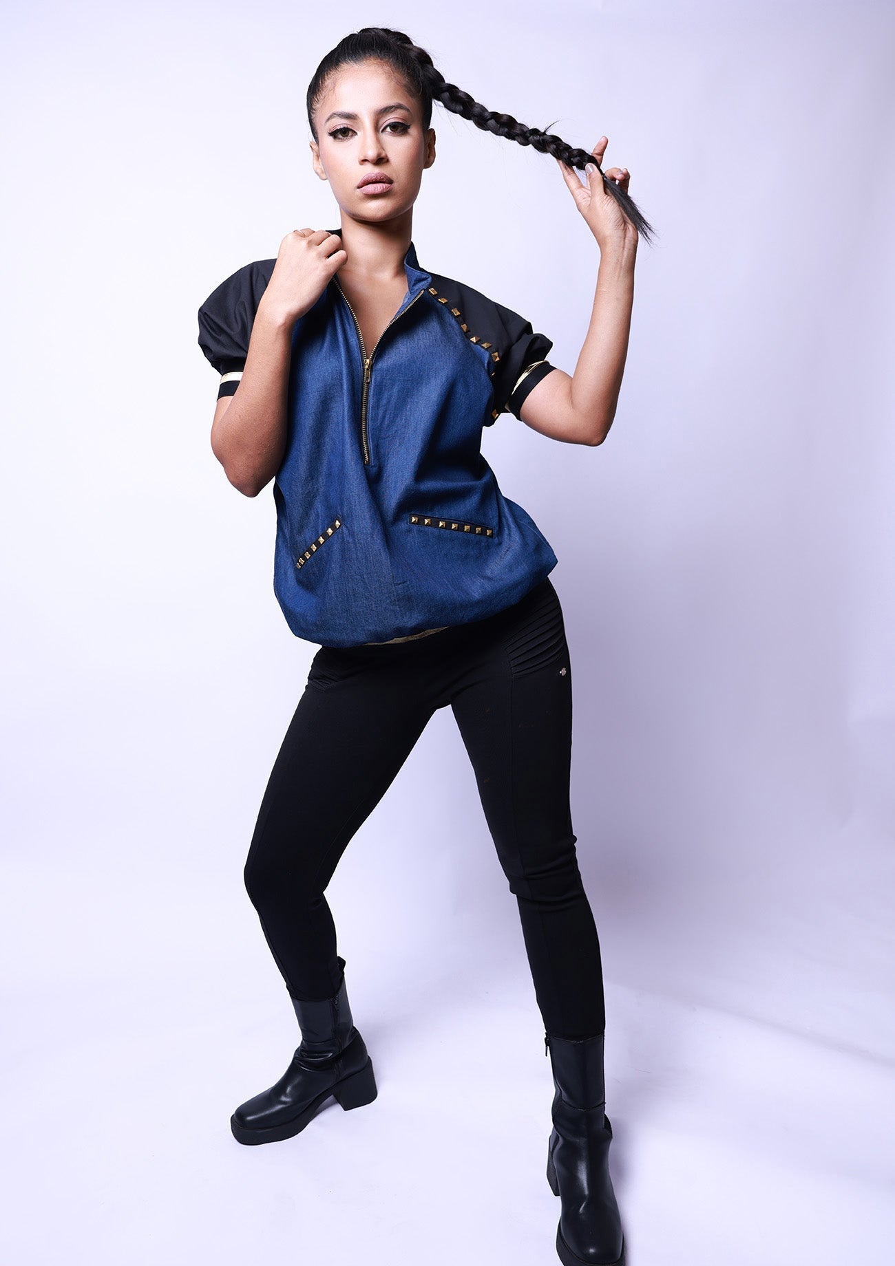 Blue Denim Bomber Jacket with Pockets