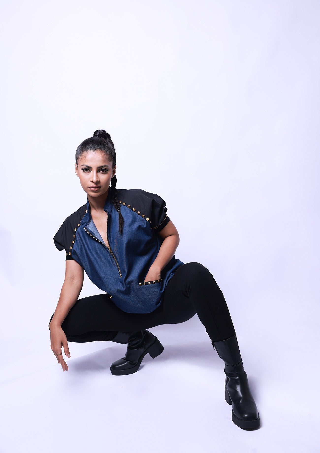 Blue Denim Bomber Jacket with Pockets