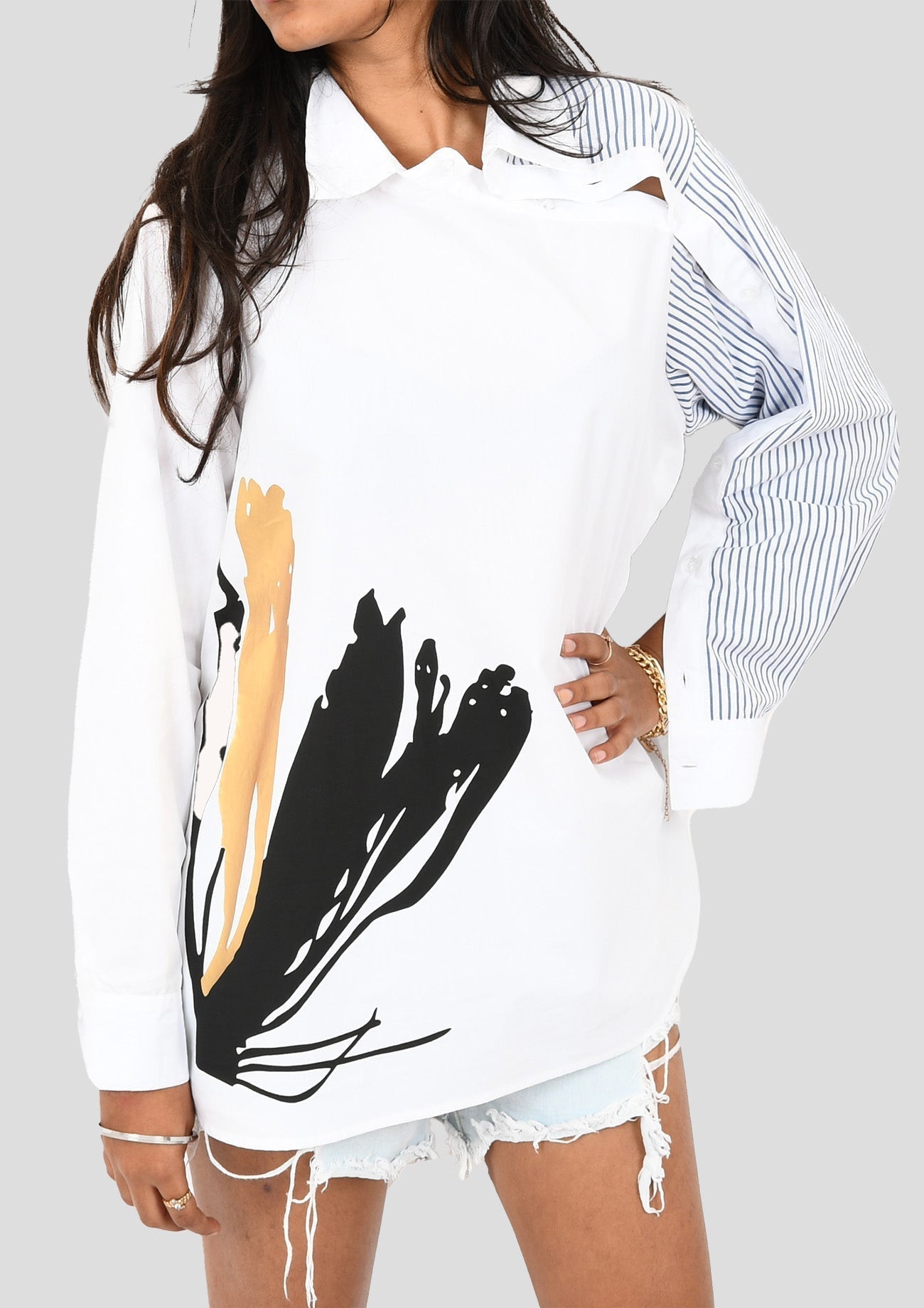 White Comfort Fit Cotton Shirt with Stripe Sleeve