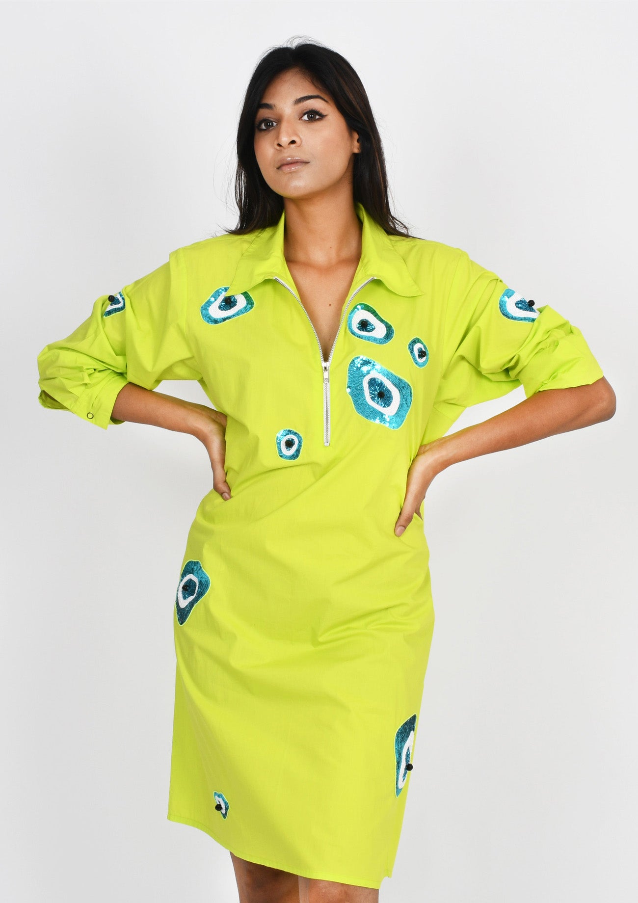Neon Green One Piece Cotton Dress with Embroidery