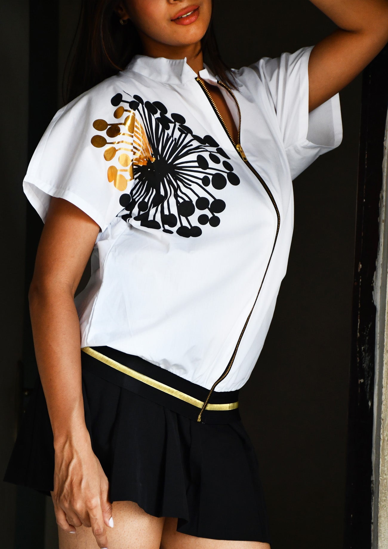 White Cotton Bomber Top with Magyar Sleeves