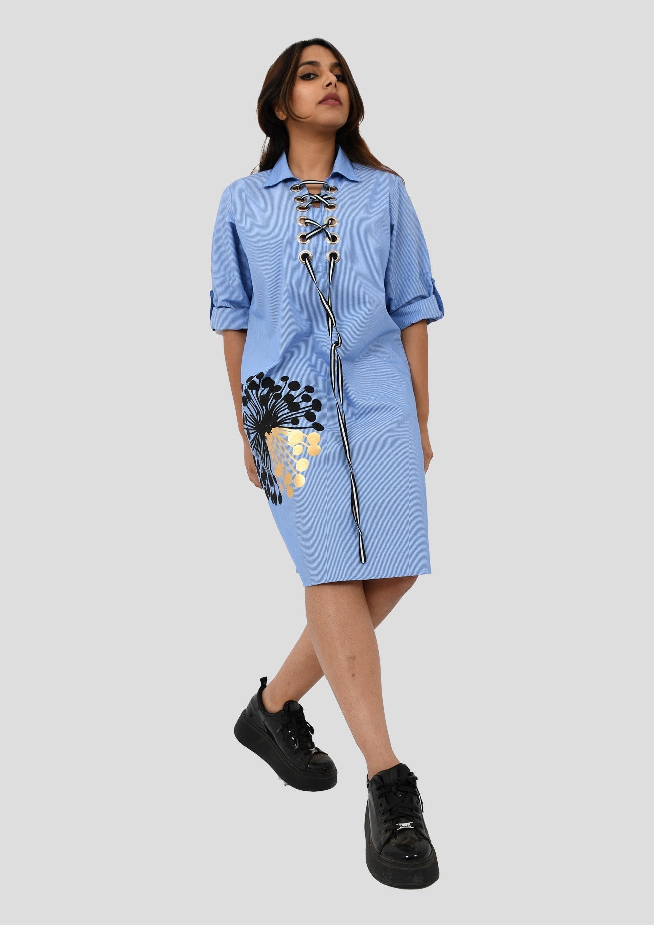 Blue One Piece Cotton Dress with Pinstripe and Print