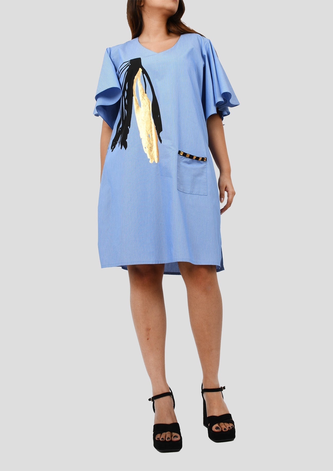 Blue One Piece Cotton Dress with Flared Sleeves