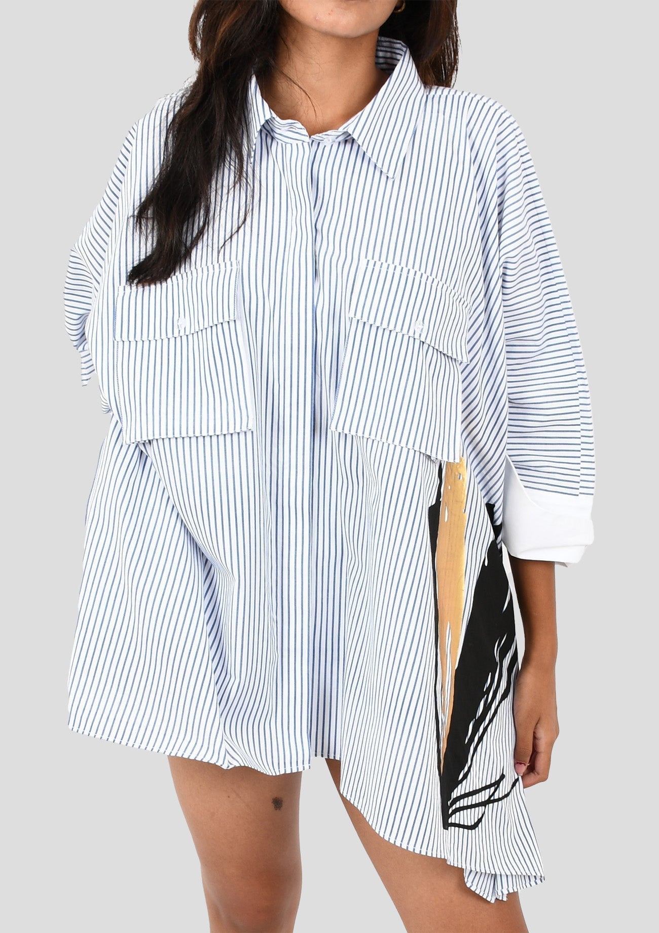 White & Blue Cotton Loose Fit Poncho Shirt with Pockets