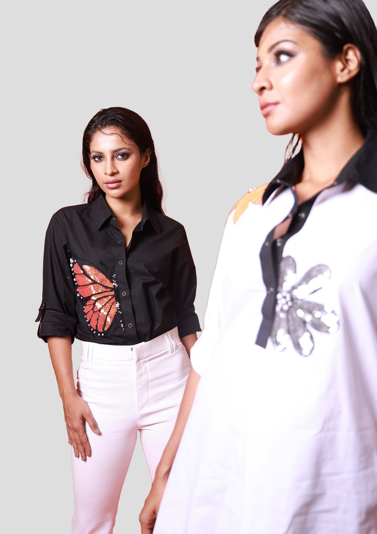 Black Comfort Fit Cotton Shirt with Sequin Embroidery