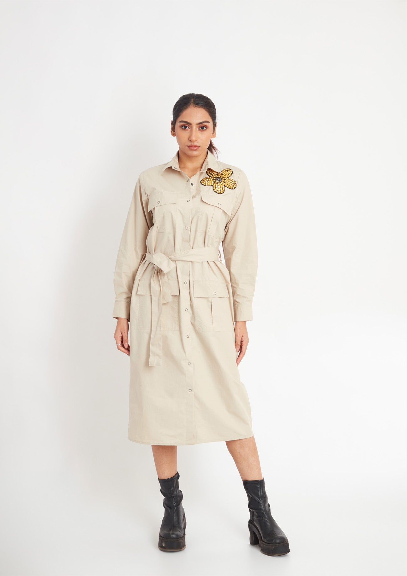 Beige One Piece Cotton Dress with Embroidery and Belt