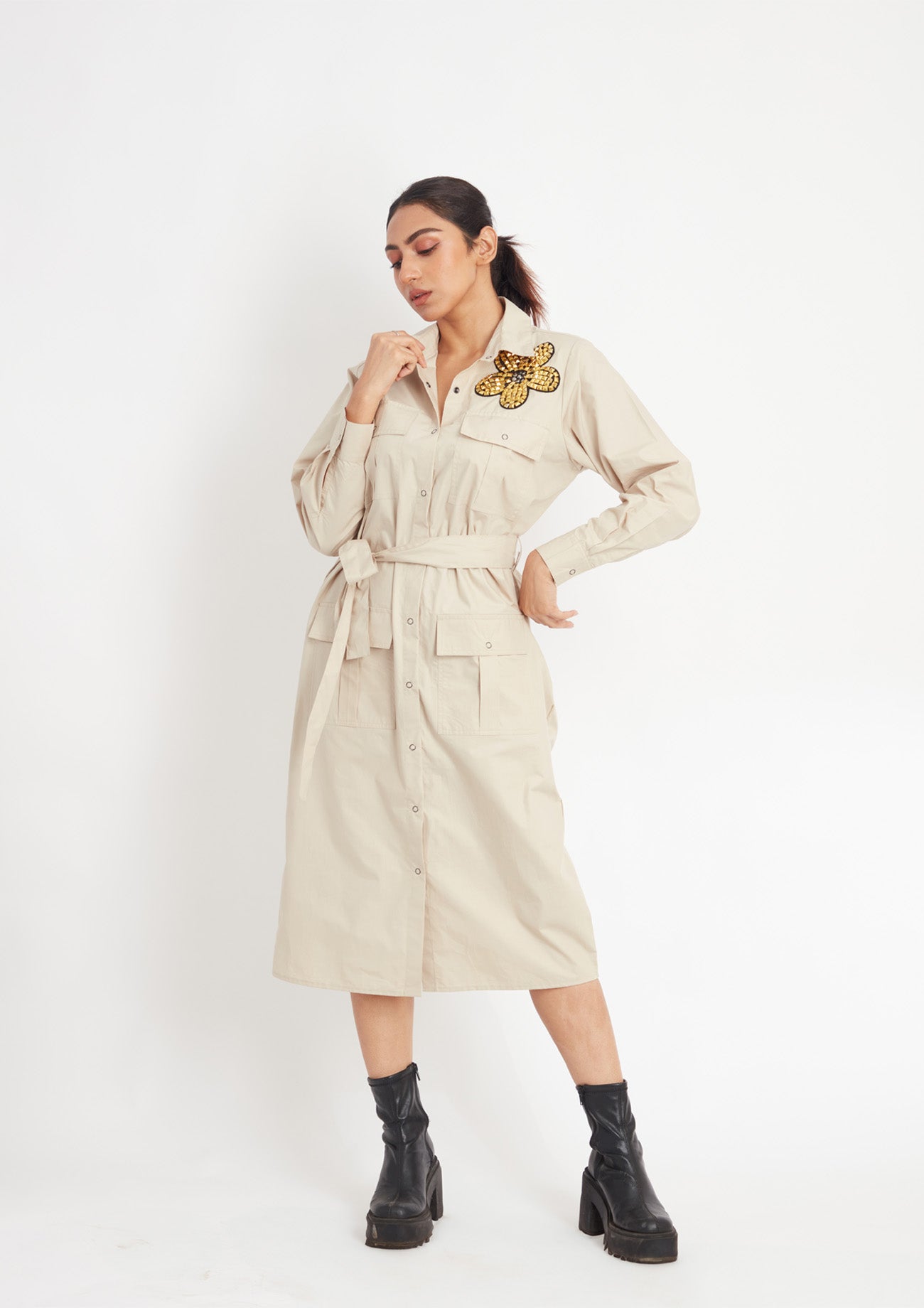 Beige One Piece Cotton Dress with Embroidery and Belt