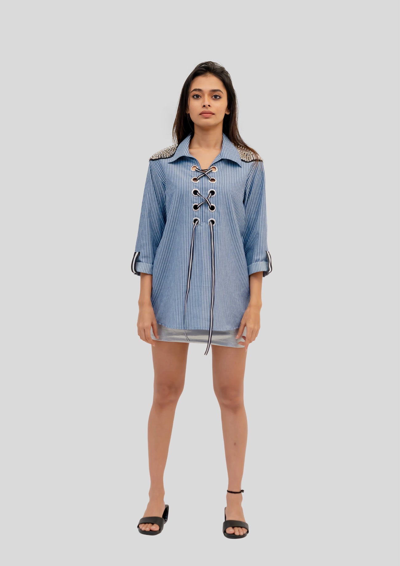 Blue and White Stripe Cotton Shirt with Embroidery