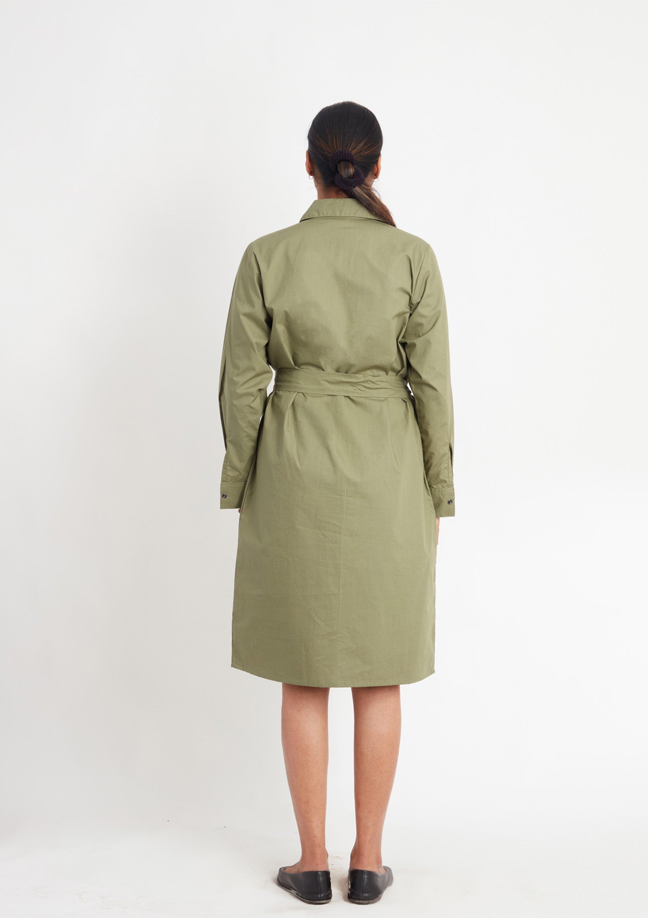 Olive One Piece Cotton Dress with Embroidery and Belt