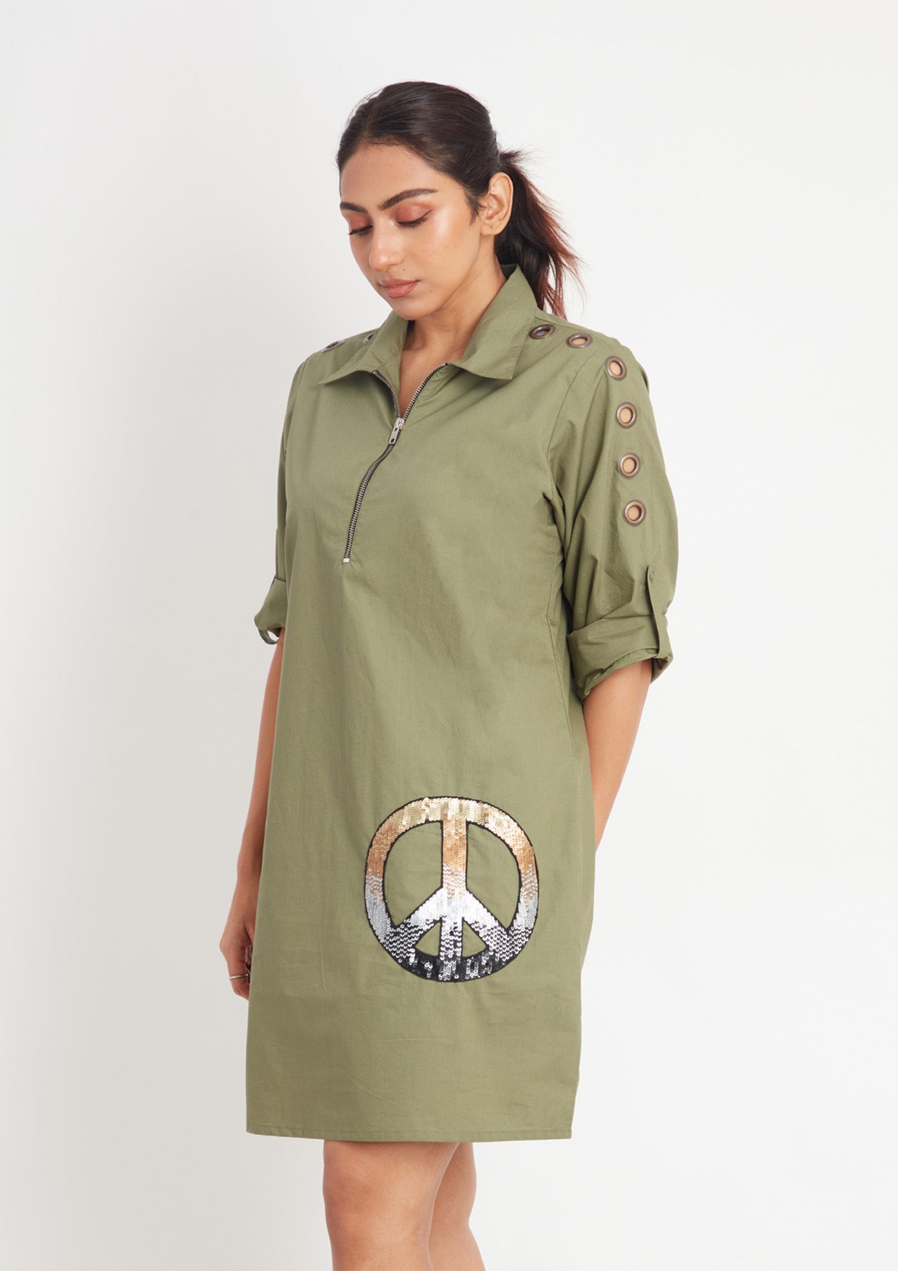 Olive One Piece Dress with Embroidery and Eyelets