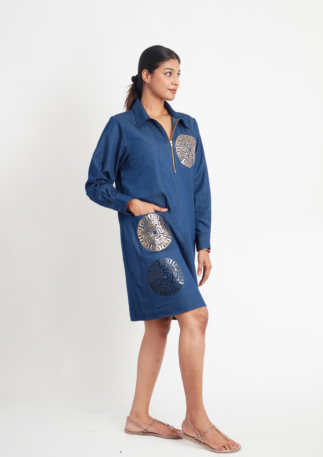 Denim One Piece Dress with Pocket and Applique
