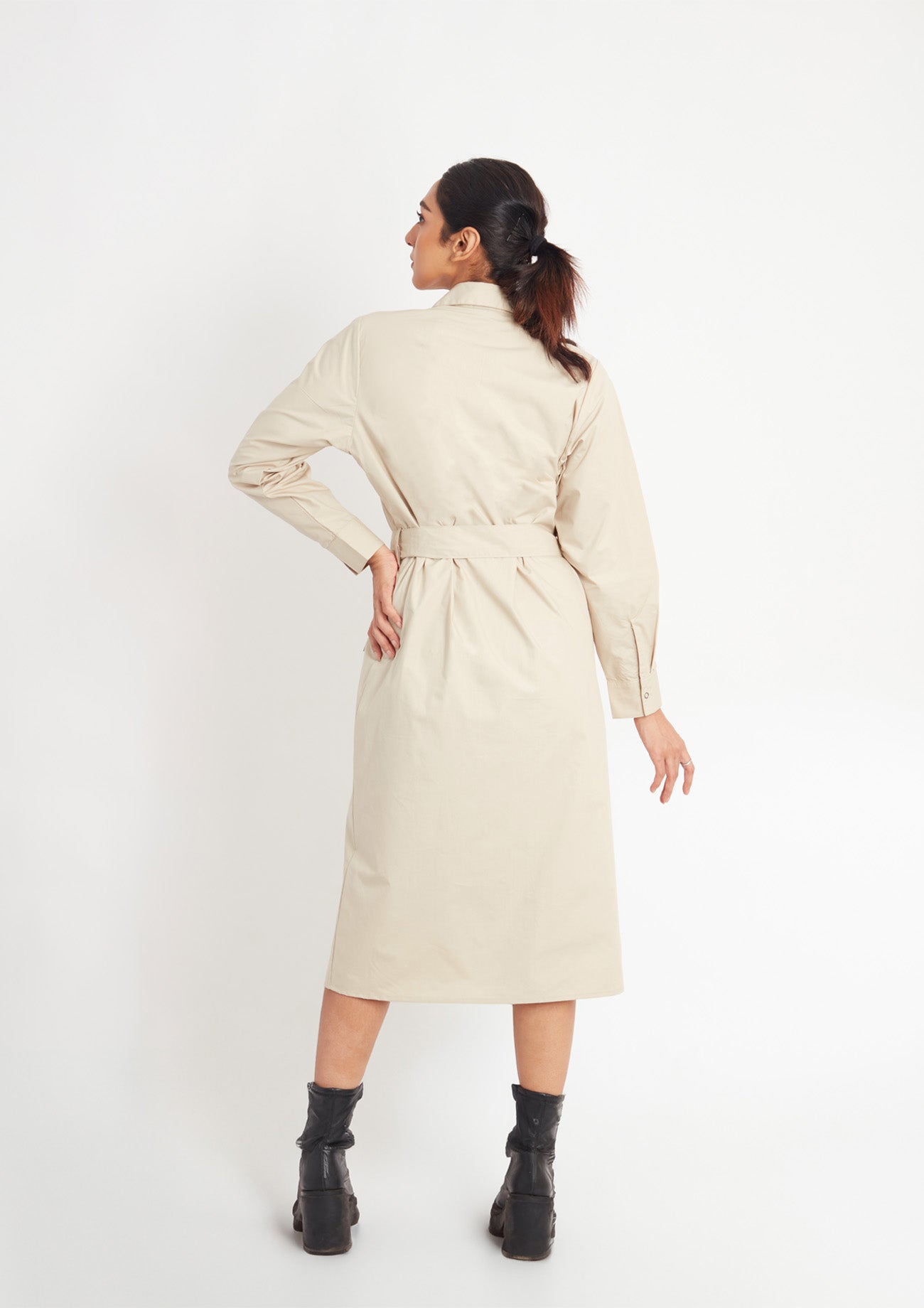 Beige One Piece Cotton Dress with Embroidery and Belt