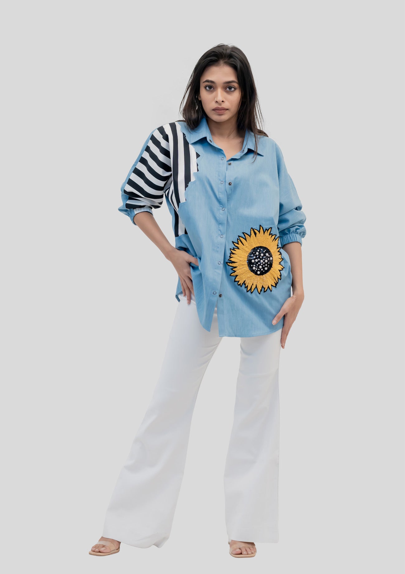 Blue Cotton Denim Shirt with Embroidery