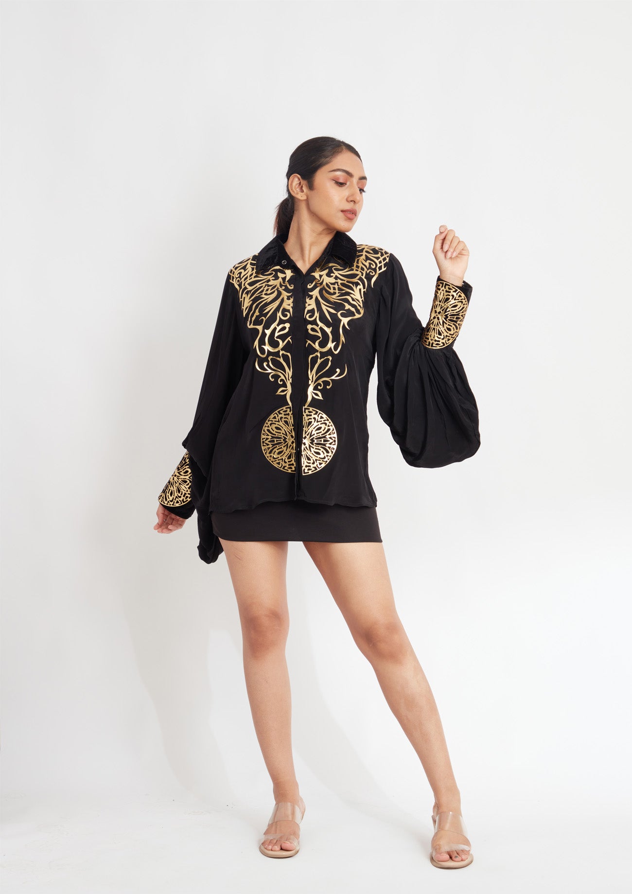 Black Crepe Shirt with Drop Balloon Sleeves and Exclusive Golden Applique