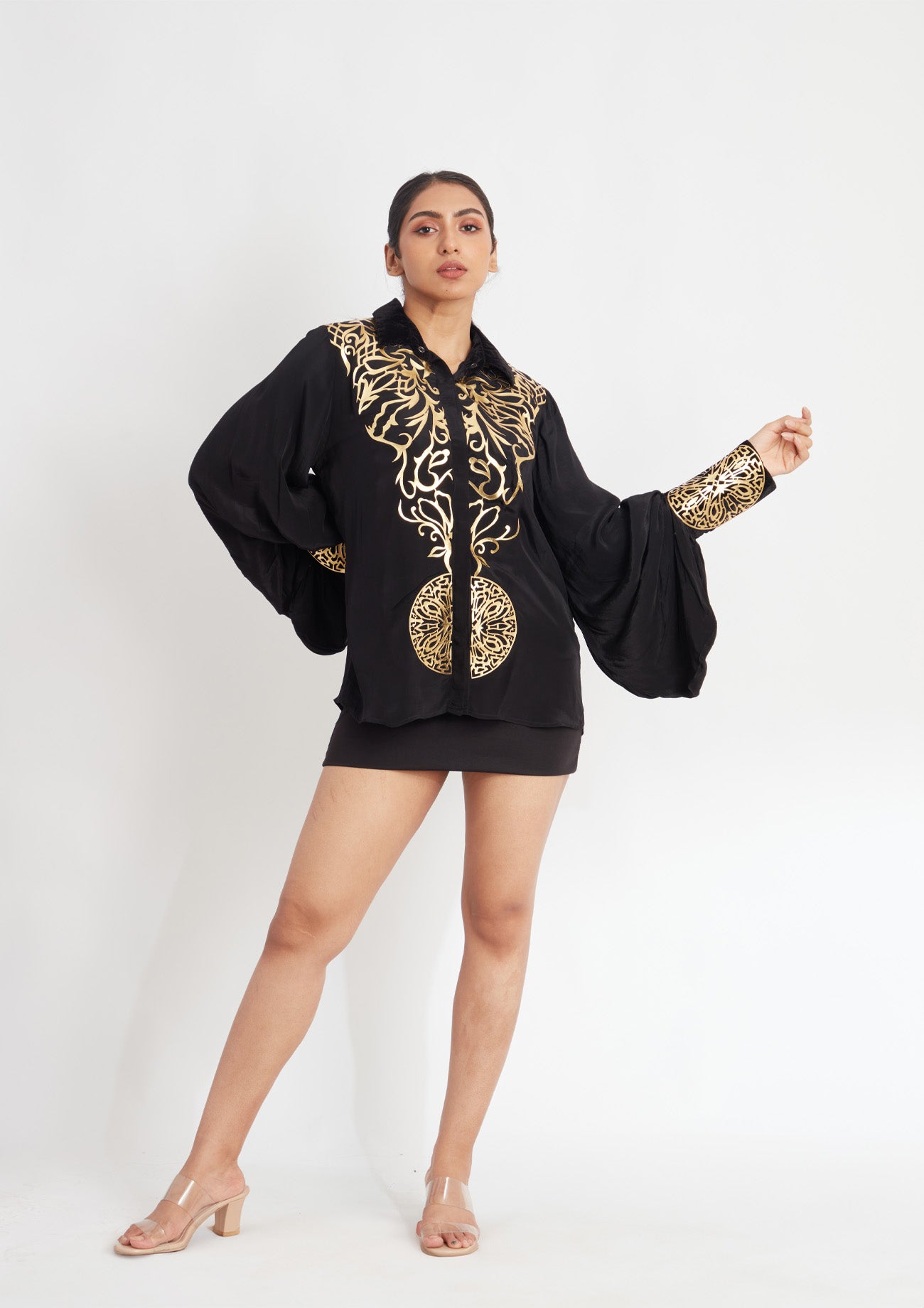 Black Crepe Shirt with Drop Balloon Sleeves and Exclusive Golden Applique