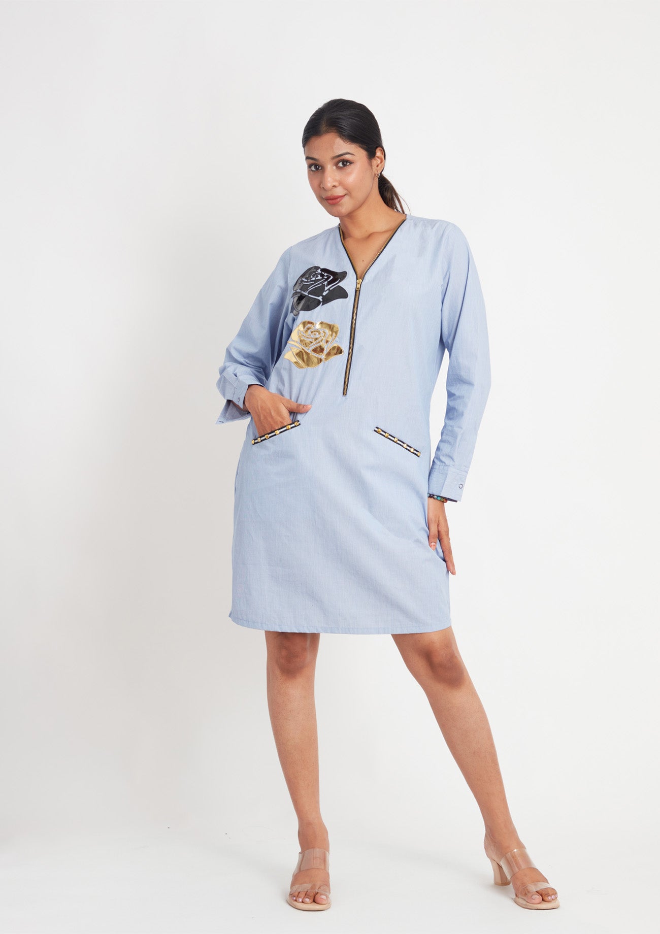 Blue Stripe Dress with Floral Applique