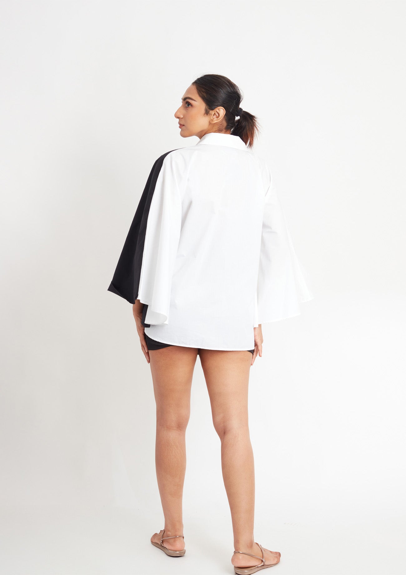 Half Black and White Loose Fit Cotton Poncho Shirt