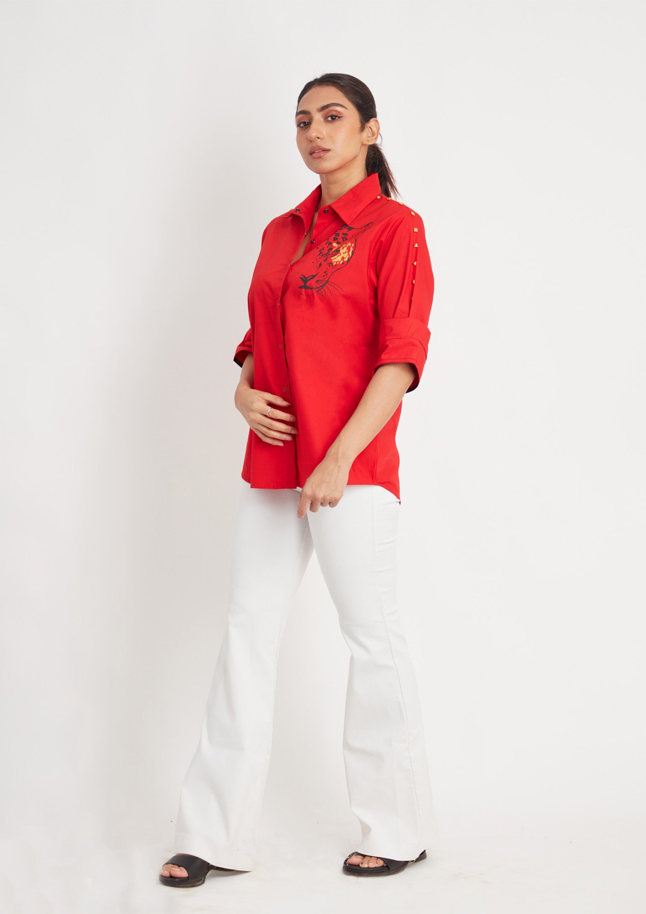Red Cotton Shirt with Leopard Foil Print