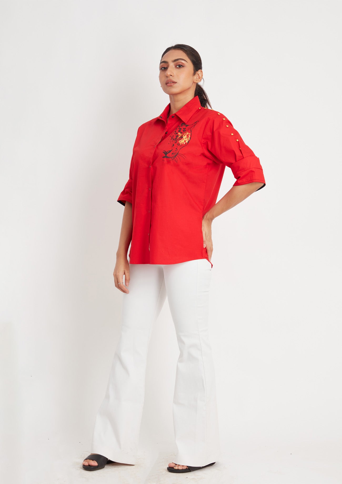 Red Cotton Shirt with Leopard Foil Print