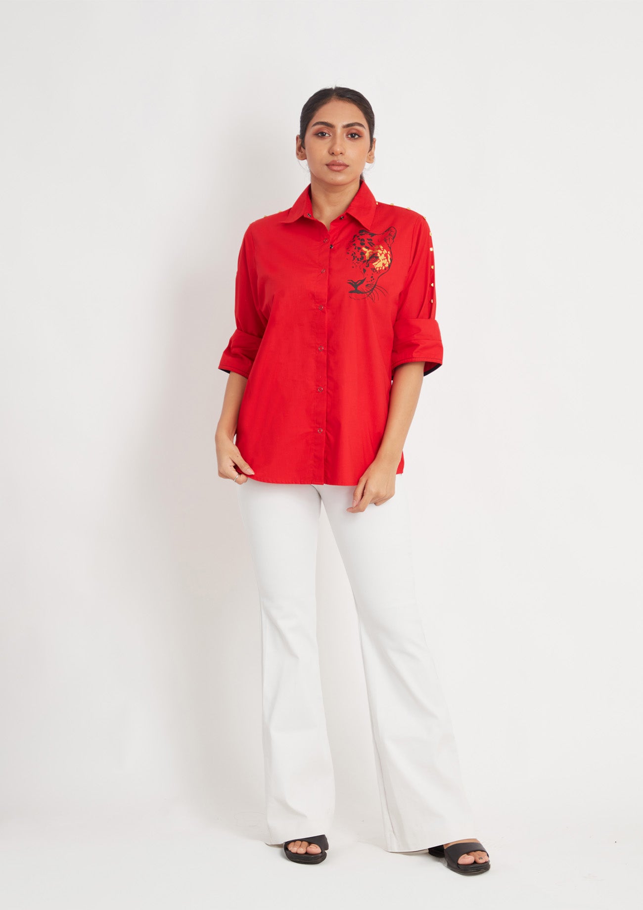 Red Cotton Shirt with Leopard Foil Print