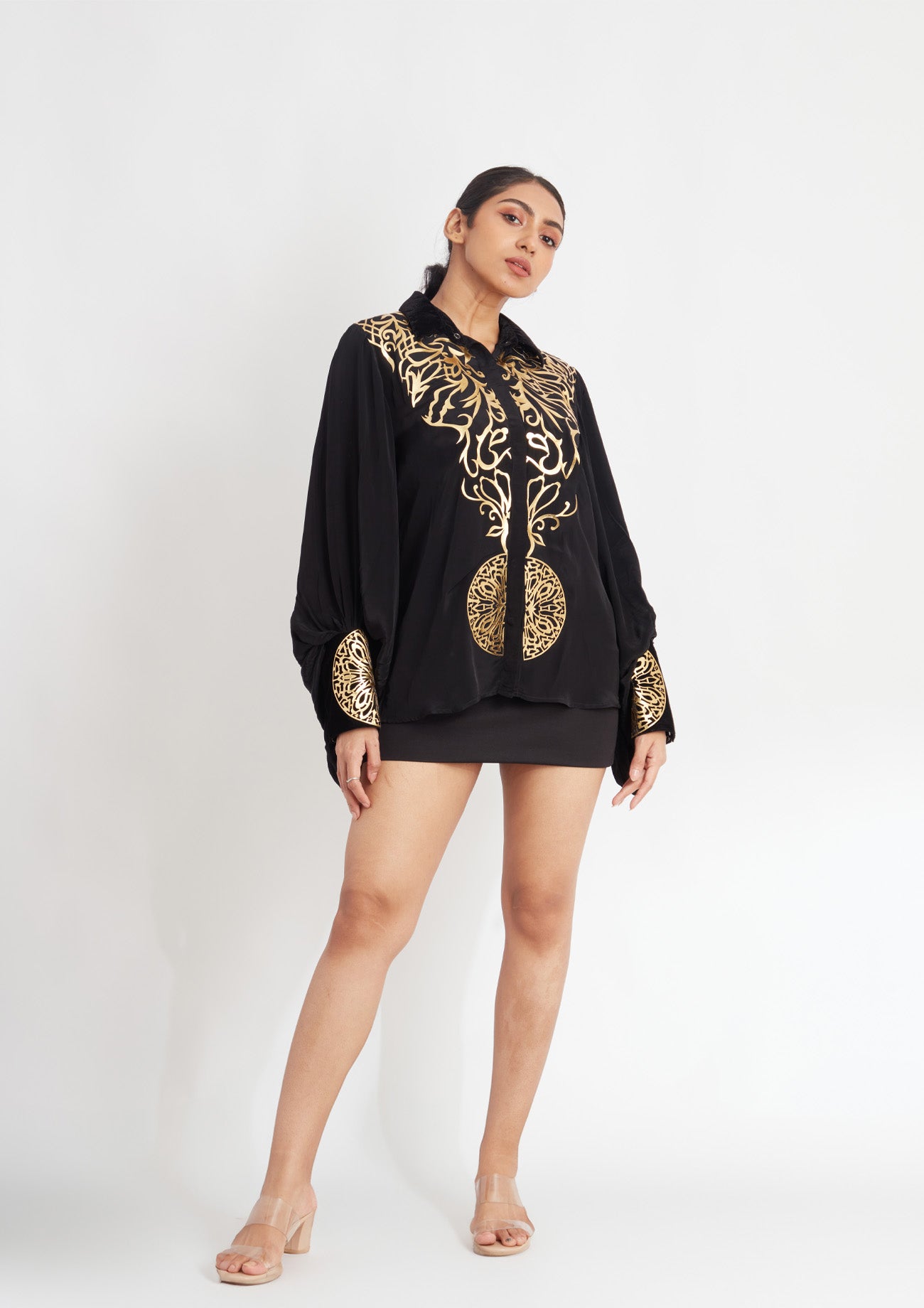 Black Crepe Shirt with Drop Balloon Sleeves and Exclusive Golden Applique