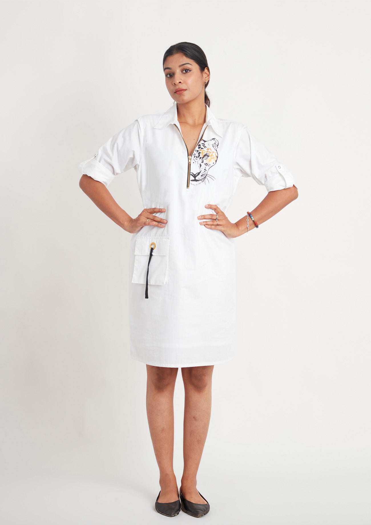 Leopard Foil Print White Dress