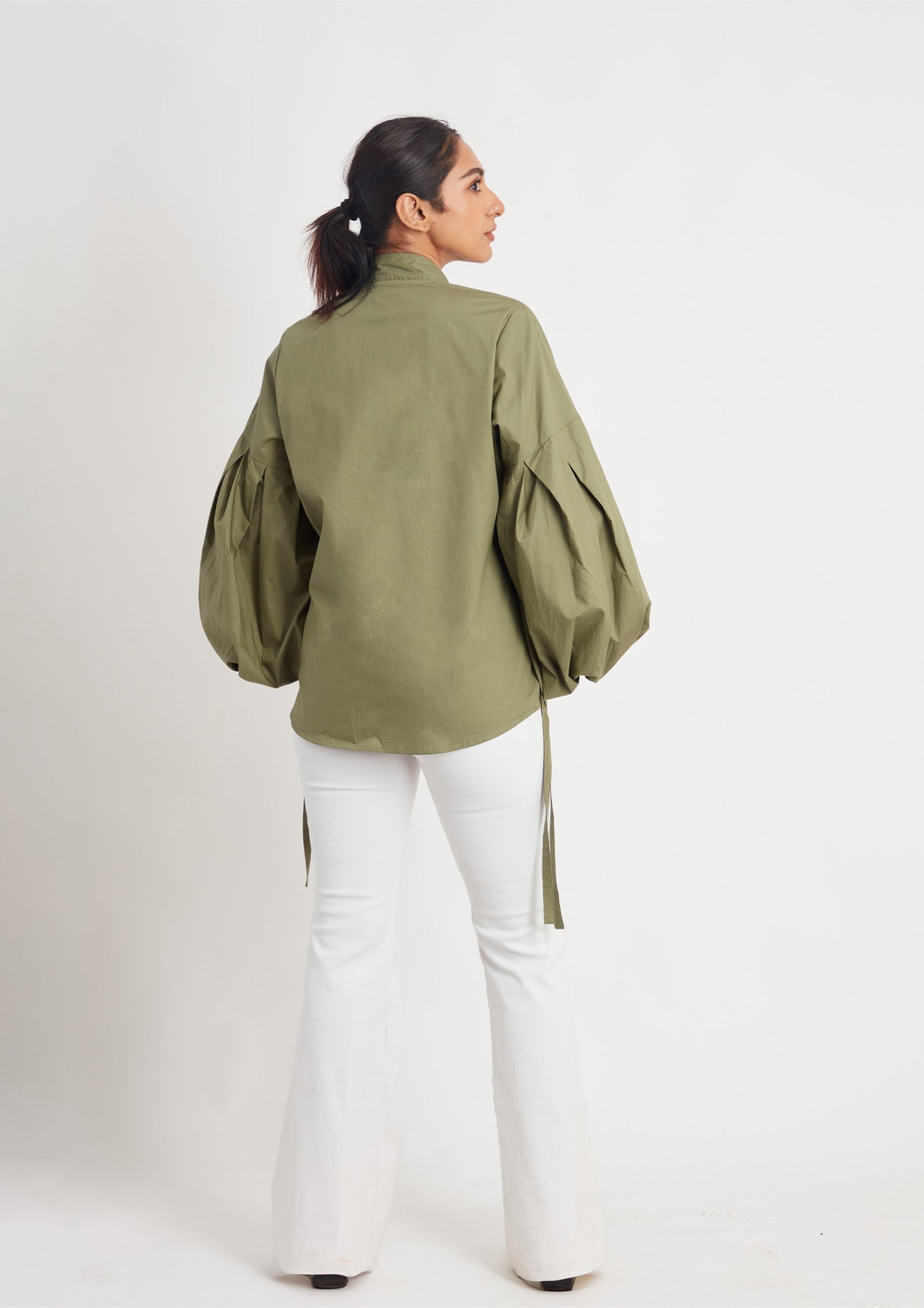Olive Comfort Fit Cotton Shirt with Balloon Sleeves