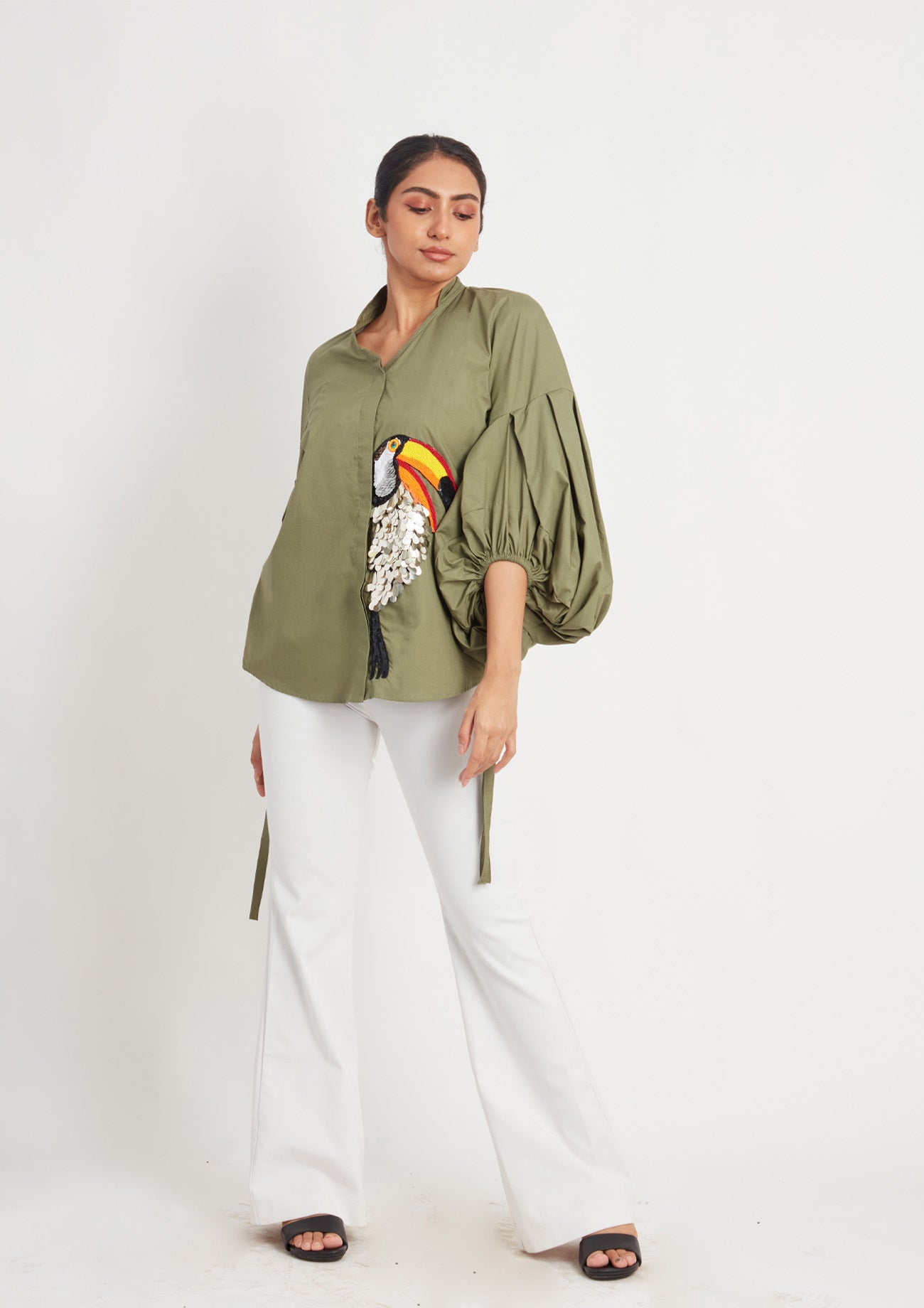 Olive Comfort Fit Cotton Shirt with Balloon Sleeves