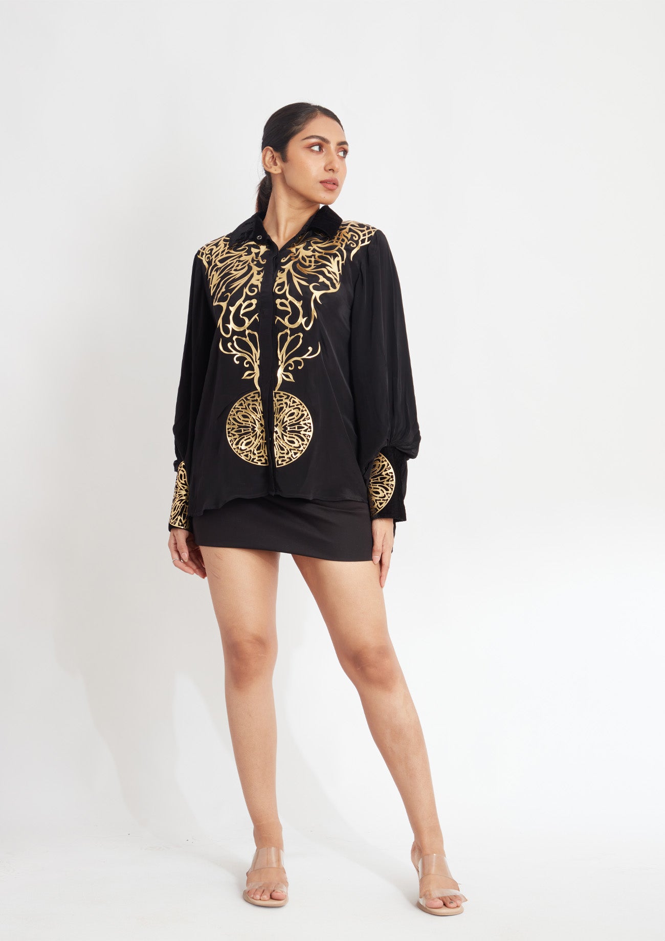 Black Crepe Shirt with Drop Balloon Sleeves and Exclusive Golden Applique