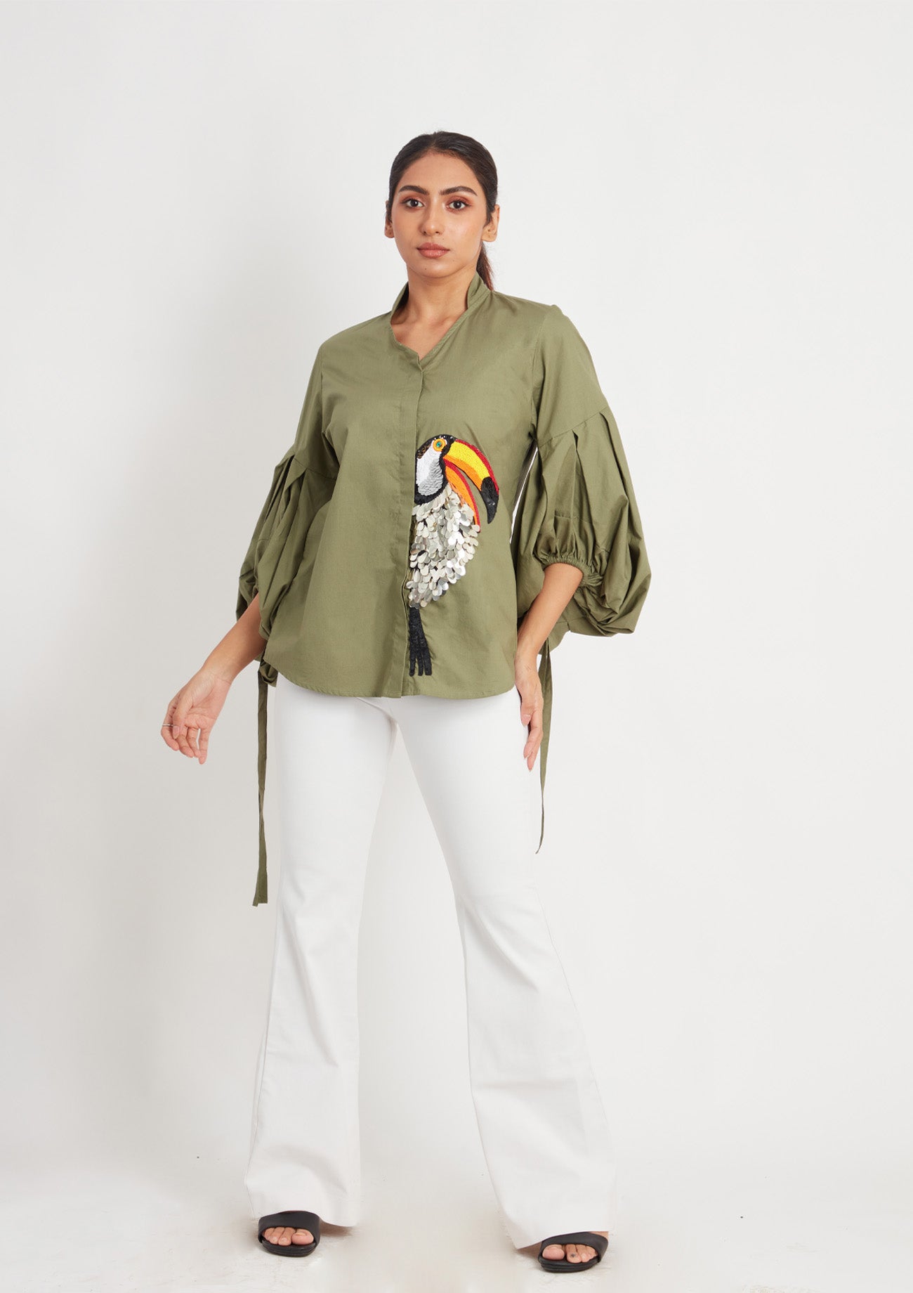 Olive Comfort Fit Cotton Shirt with Balloon Sleeves