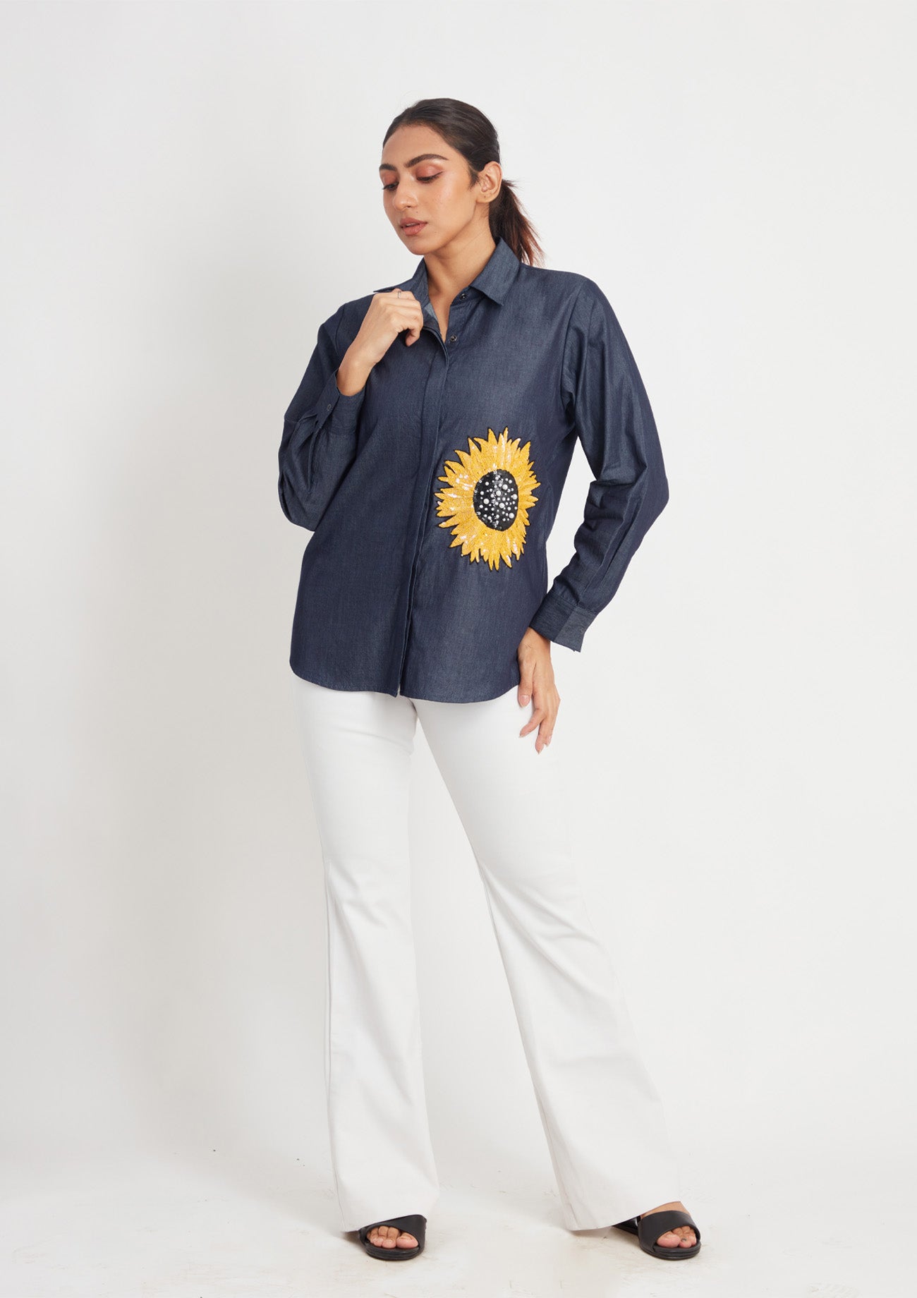 Denim Shirt with Sunflower Sequin